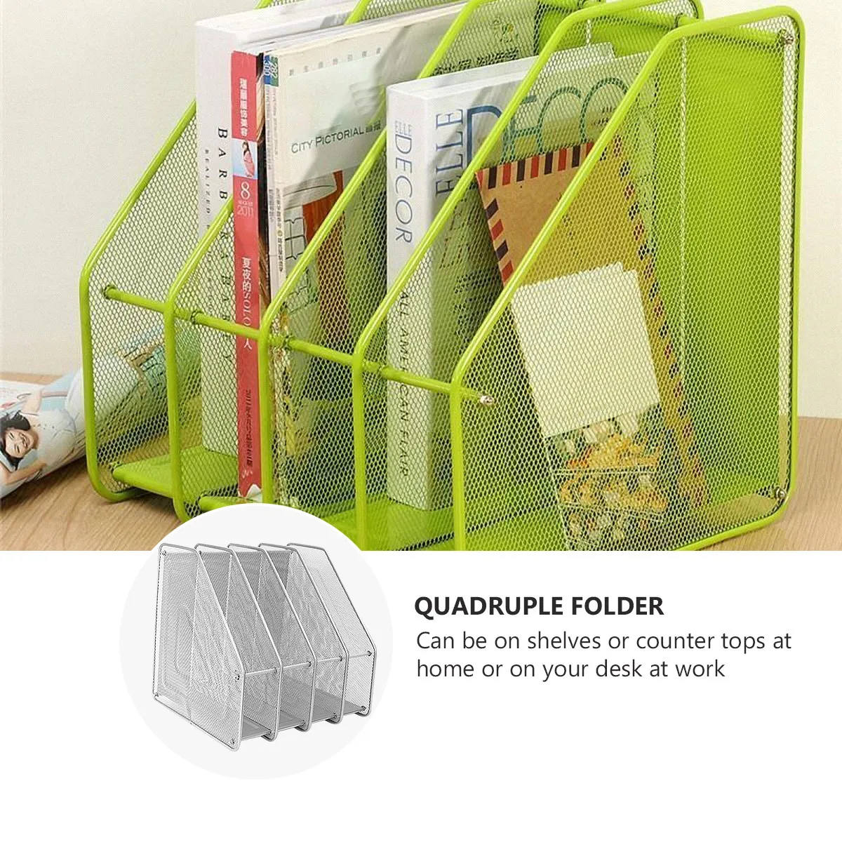 

4 Compartment Black Mesh Metal Desktop Document Organizer Rack Freestanding Literature Magazine Folder Storage Stand