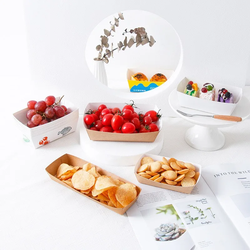 100pcs/lot Boat Shaped Packing Boxes Disposable Kraft Paper Packing Case Tray Snack Food Packing