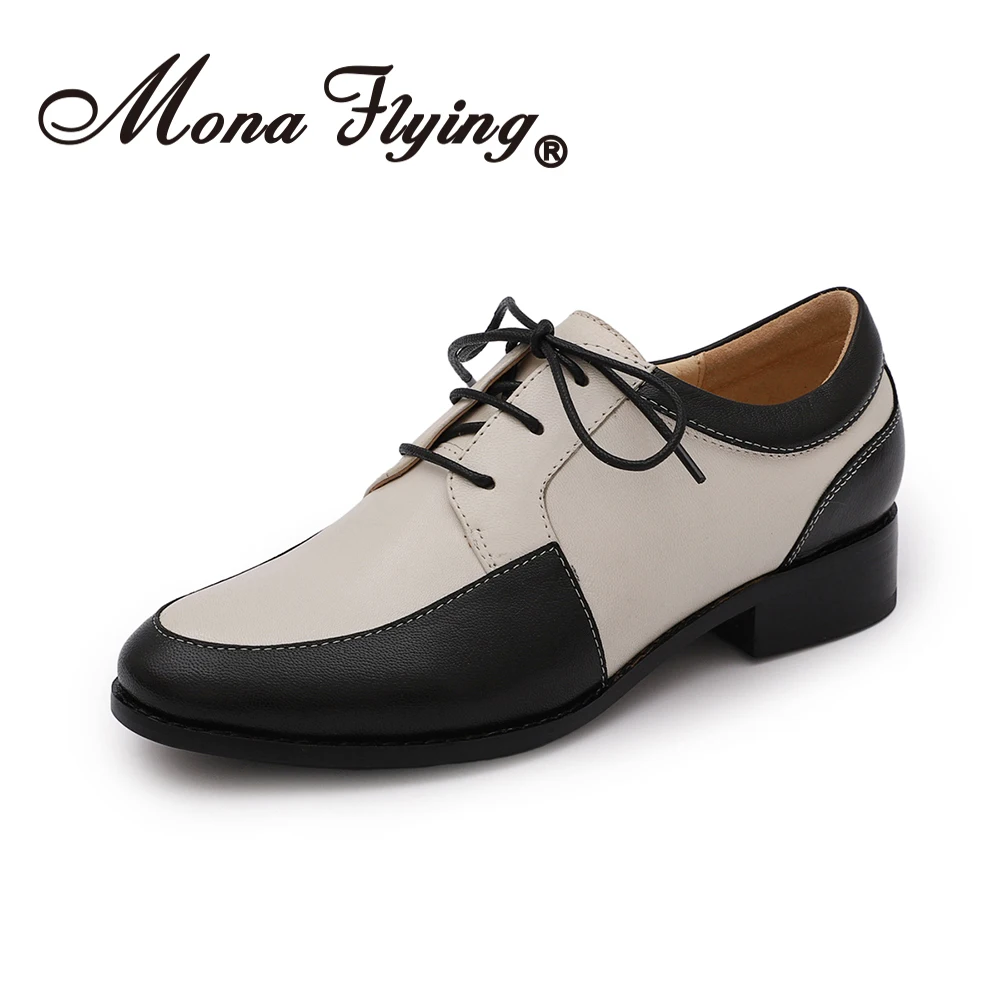 Mona Flying Women Soft Leather Oxfords Derby Handmade Fashion Casual Flats Black & White Lace-up Shoes for Ladies A068-F128