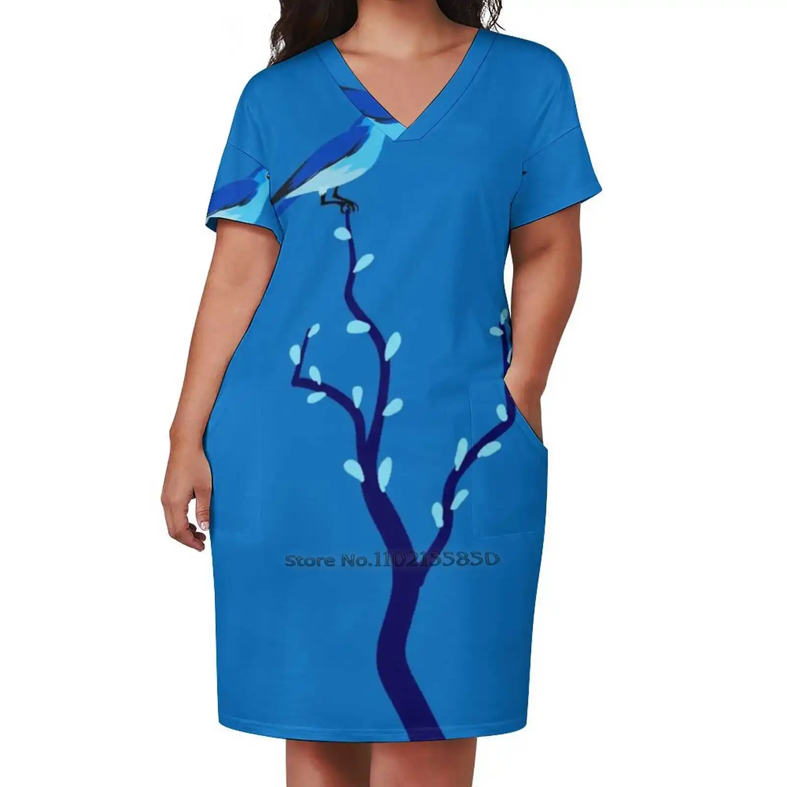 Bluebird Of Happiness Loose Pocket Dress Summer Sexy V Neck Dress Print Short Sleeve Dress Mountain Bluebird Bluebird Of