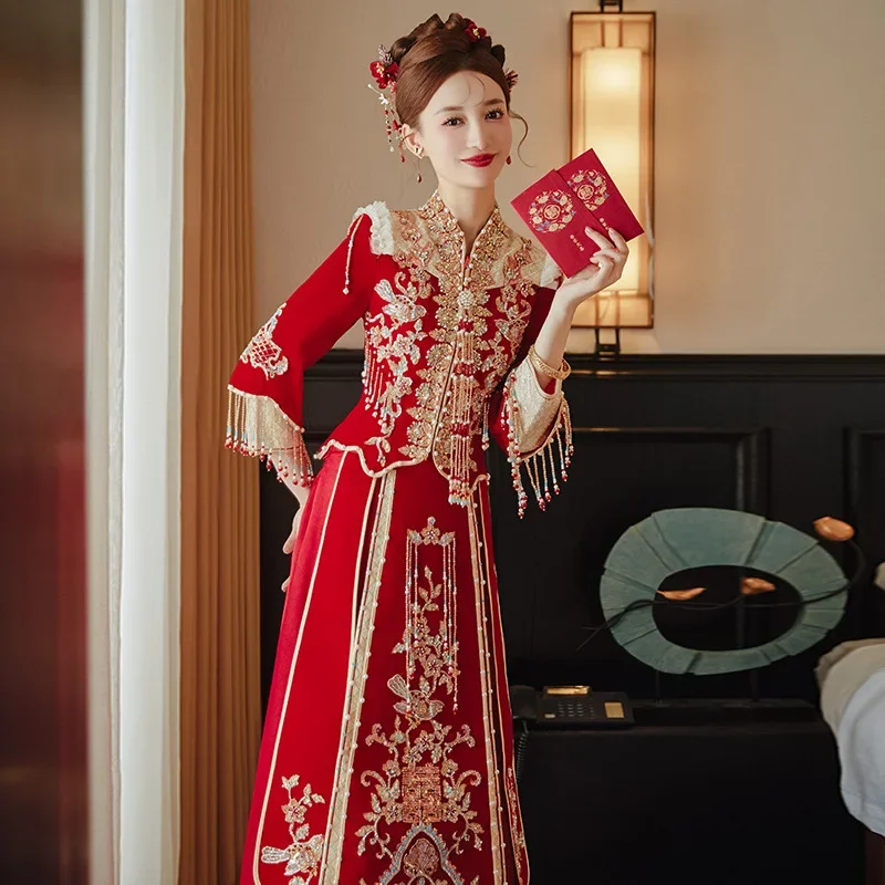 2024 New Heavy Industry Chinese Traditional Wedding Groom Toast Dress Female Coat Thin Show Kimono Bride Xiuhe Skirt Tang Suit