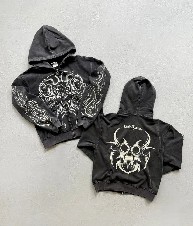 

High street retro washed hoodies men and women fashion Harajuku zipper jackets punk streetwear pure cotton loose sweatshirts