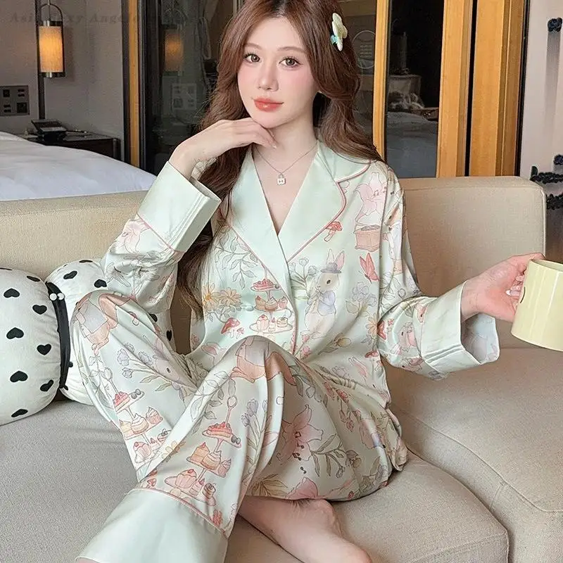 

Spring New Loose Casual Nightwear Silk Satin Female Pajamas Sleepwear 2PCS Set Fashion Print Flower Home Clothes Trouser Suits