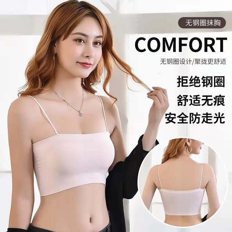 Korean Summer Ice Silk Sling Strap Bra Wrap Bra Underwear Female Student Sports Tank Top Anti glare Strap Chest Pad