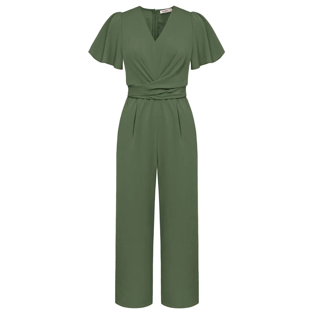 

Jasambac Women Straight Leg Jumpsuit Short Sleeve V-Neck Elastic Waist Fashionable Design Jumpsuit And Hidden Zip At Back