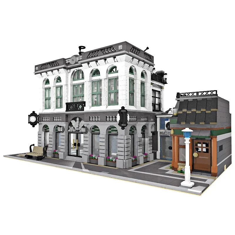 Exibido novo banco MOC-10811 com cafeteria compatível 10251 bloco de construção modular montagem de tijolo brinquedos diy presente de aniversário