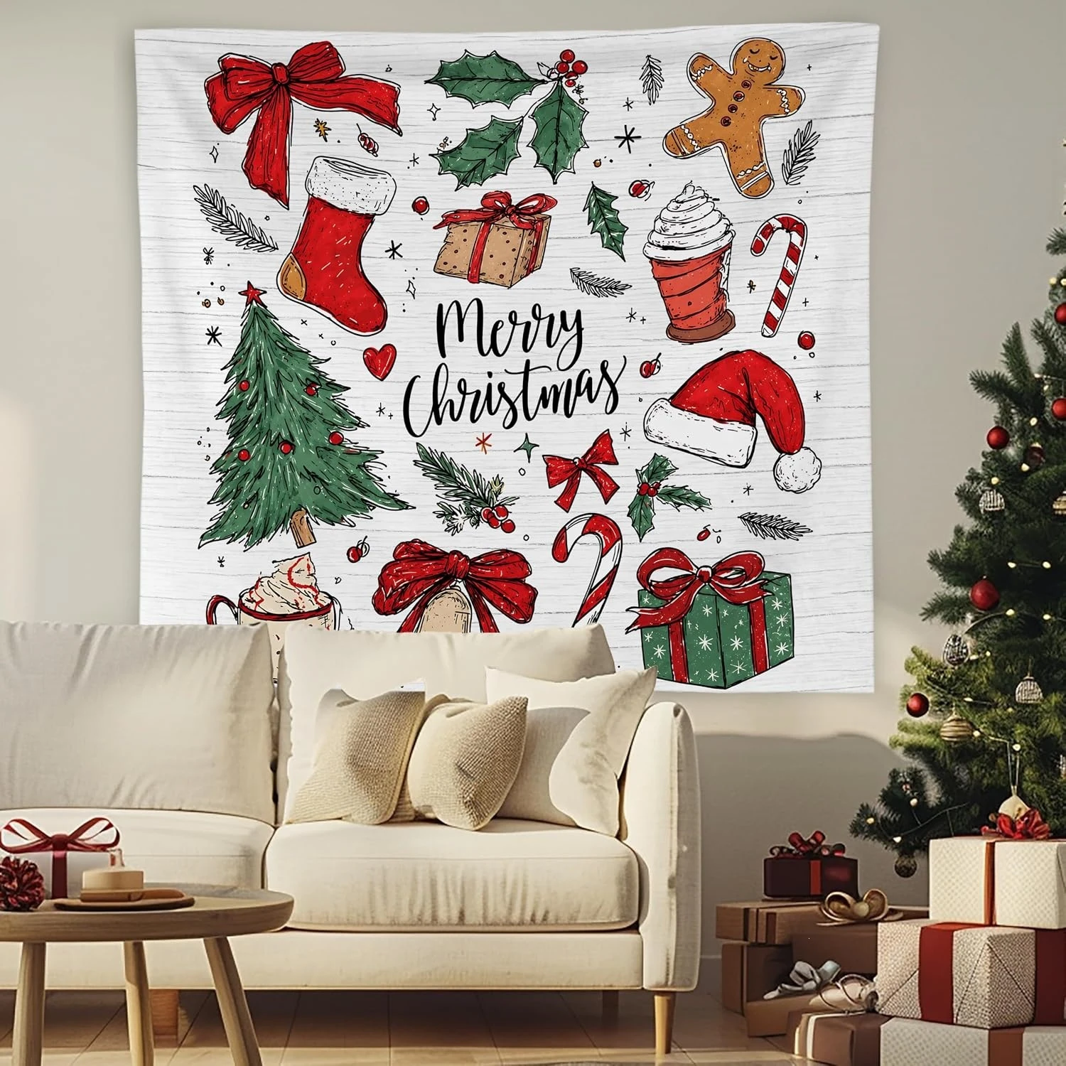 VIKAMA Christmas Doodle Sketch Tapestry Wall Hanging, 6 Designs, Wall Decor for Bedroom Living Room Dorm