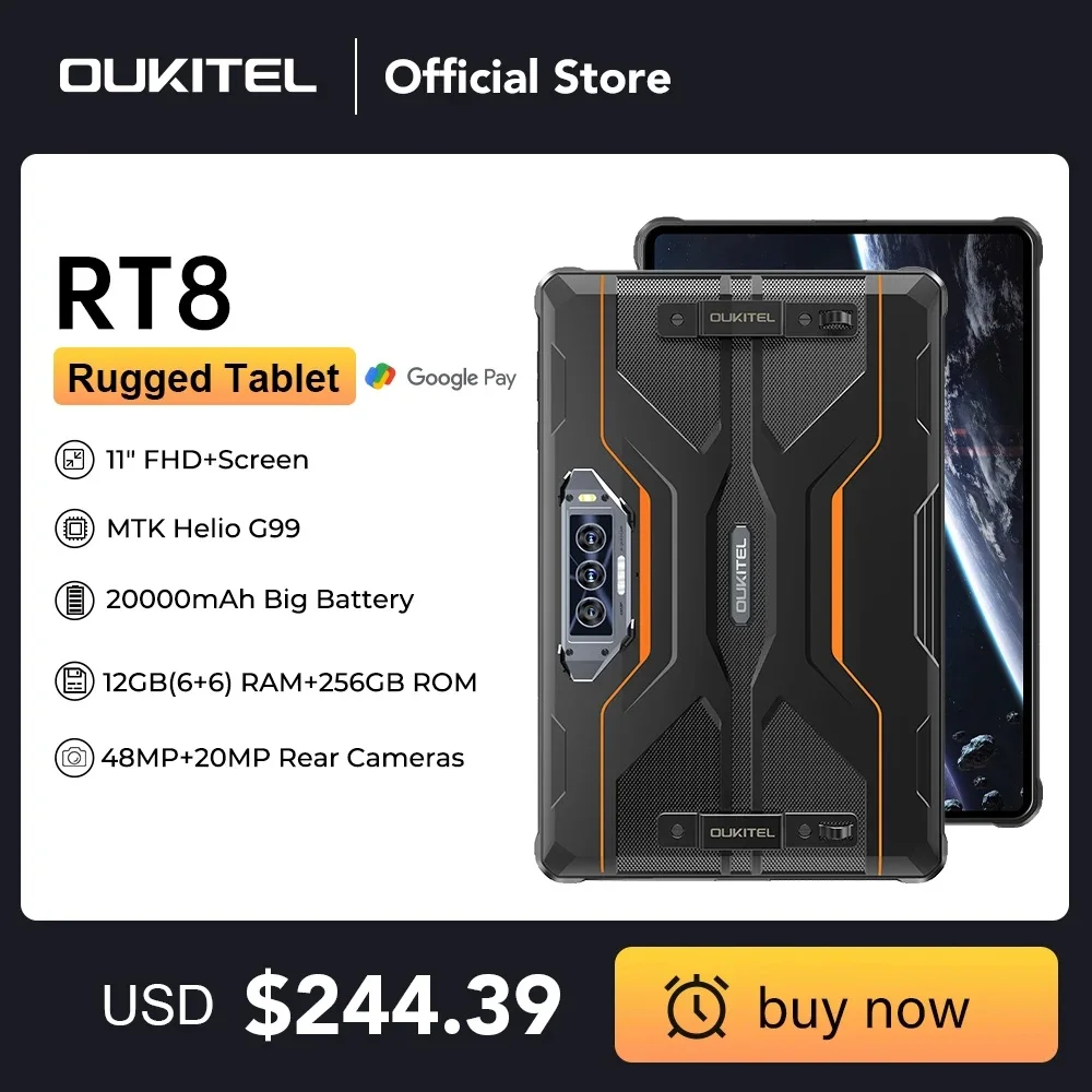 Oukitel RT8 Rugged 20000mAh Tablet 11 "FHD + Display 6GB + 256GB Helio G99 Tablet 48MP fotocamera Tablet PC 33W Android 13