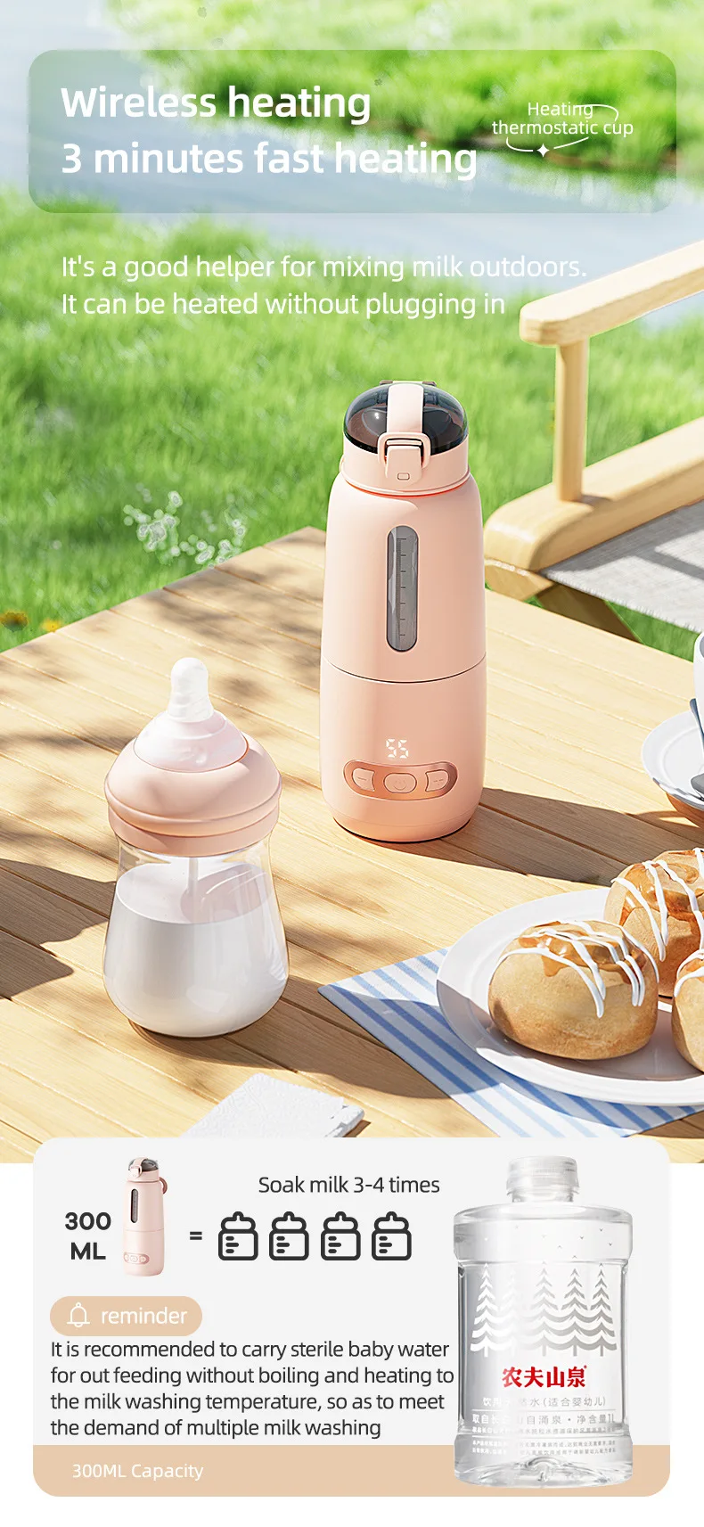 Portable Bottle Heater For Baby Milk USB Rechargeable 37-55℃ Temperature Adjustable &Display Fast Heating Wireless Bottle Warmer