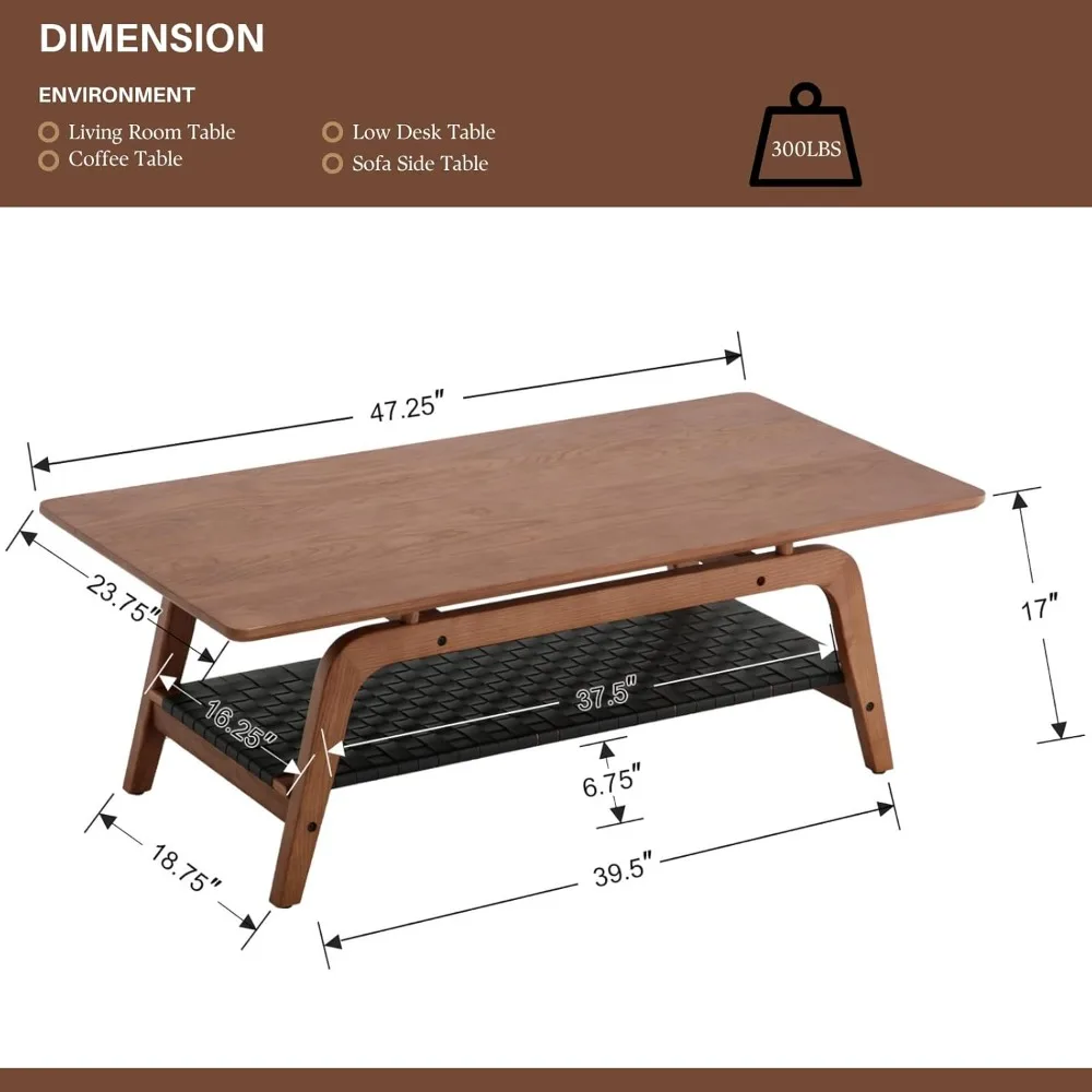 Mesa de centro de madeira maciça para sala de estar, mesa de centro retangular moderna de meados do século de 47 polegadas com armazenamento de 2 camadas e imitação