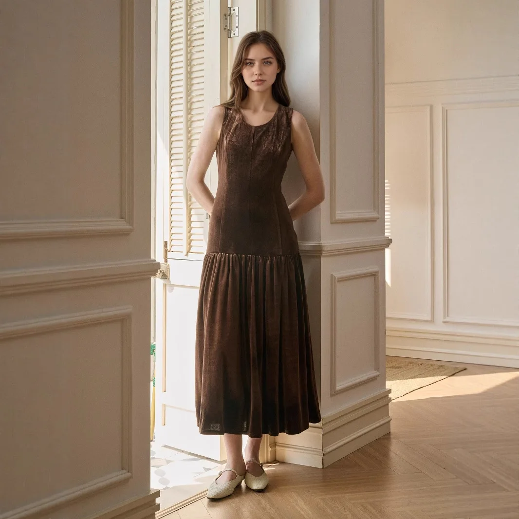 Women's Autumn. New Solid Color Pleated Hem Sleeveless Slimming Velvet Clothes Plus. Size. Women's Clothing Y2k、 Robe Femme Midi