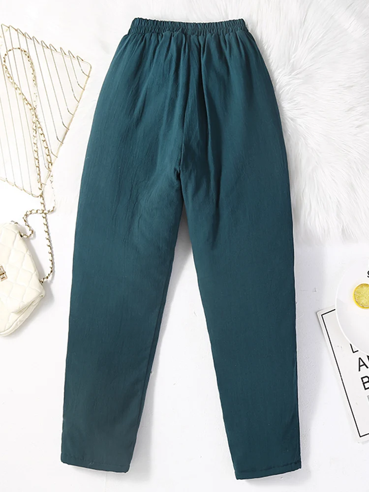 Literary Vintage Cotton-Padded Women Harem Pants 2024 New Winter Quilted High Waist Slim Long Trousers Pantalones De Mujer