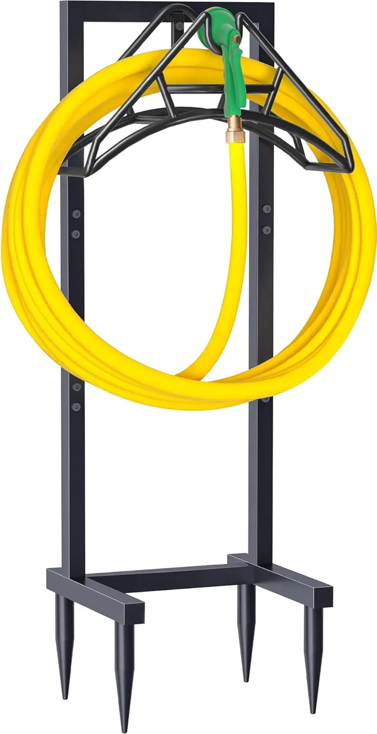 屋外ガーデンホースホルダー、自立式、4つのスパイク付き、頑丈な金属製ウォーターホースリールスタンドハンガーラックオーガナイザー、収納可能