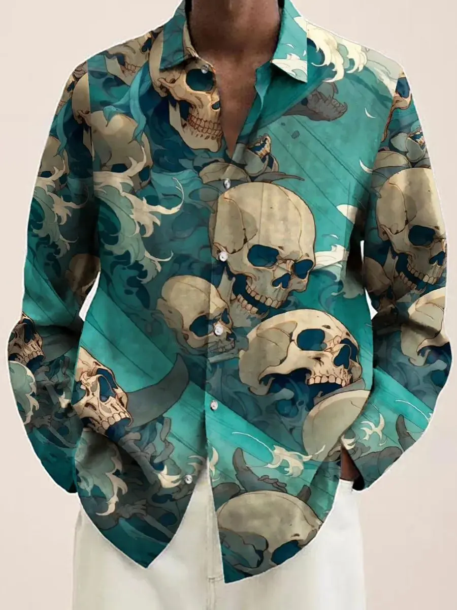 

2024 Men's Skull Print Long Sleeve Shirt Fashion Design Luxury Long Sleeve Top Men's Four Seasons Button Lapel Shirt