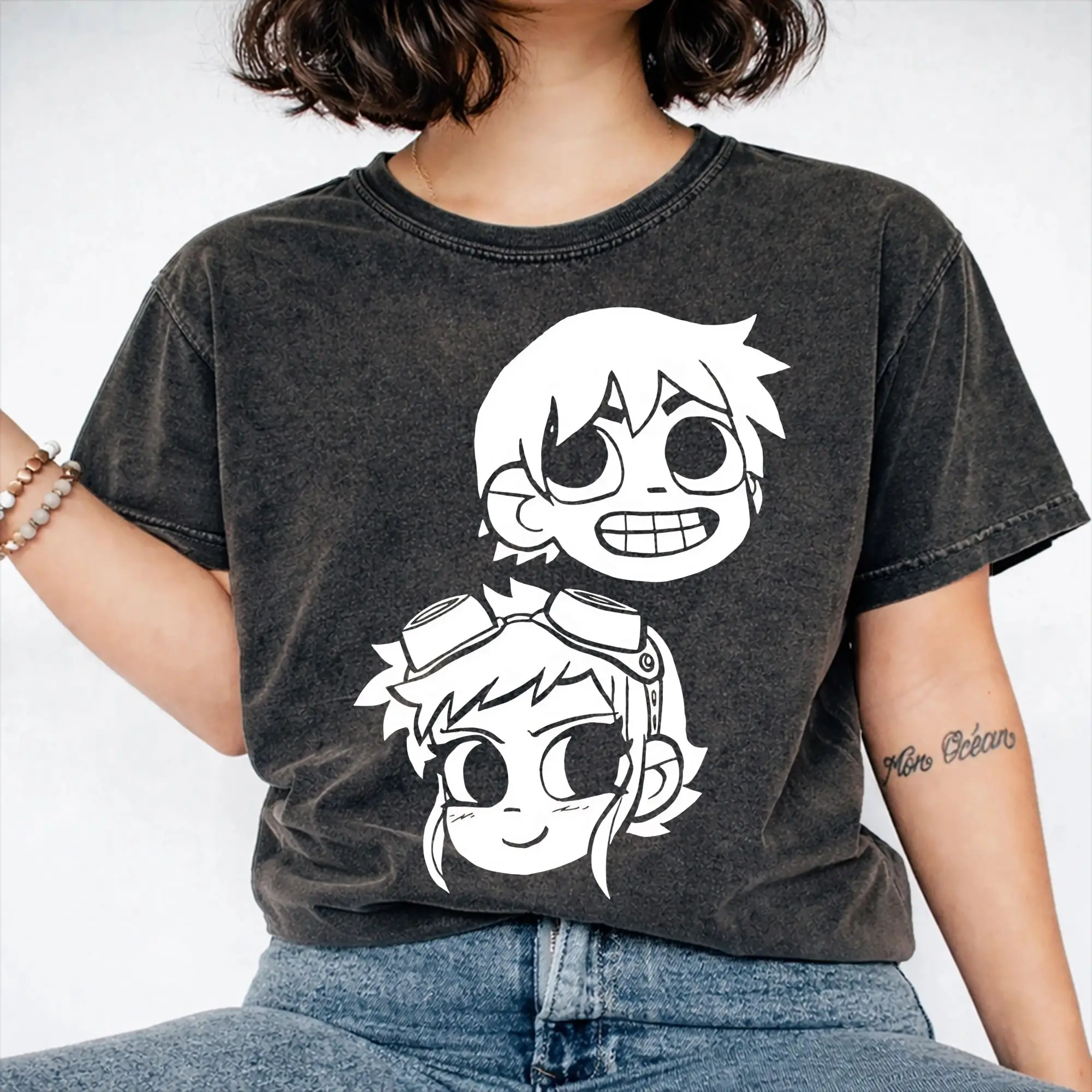 2-Up Scotts Pilgrims vs The World T Shirt Hip Hop Washed Cotton High Street T-Shirt  Vintage for Men Women Streetwear