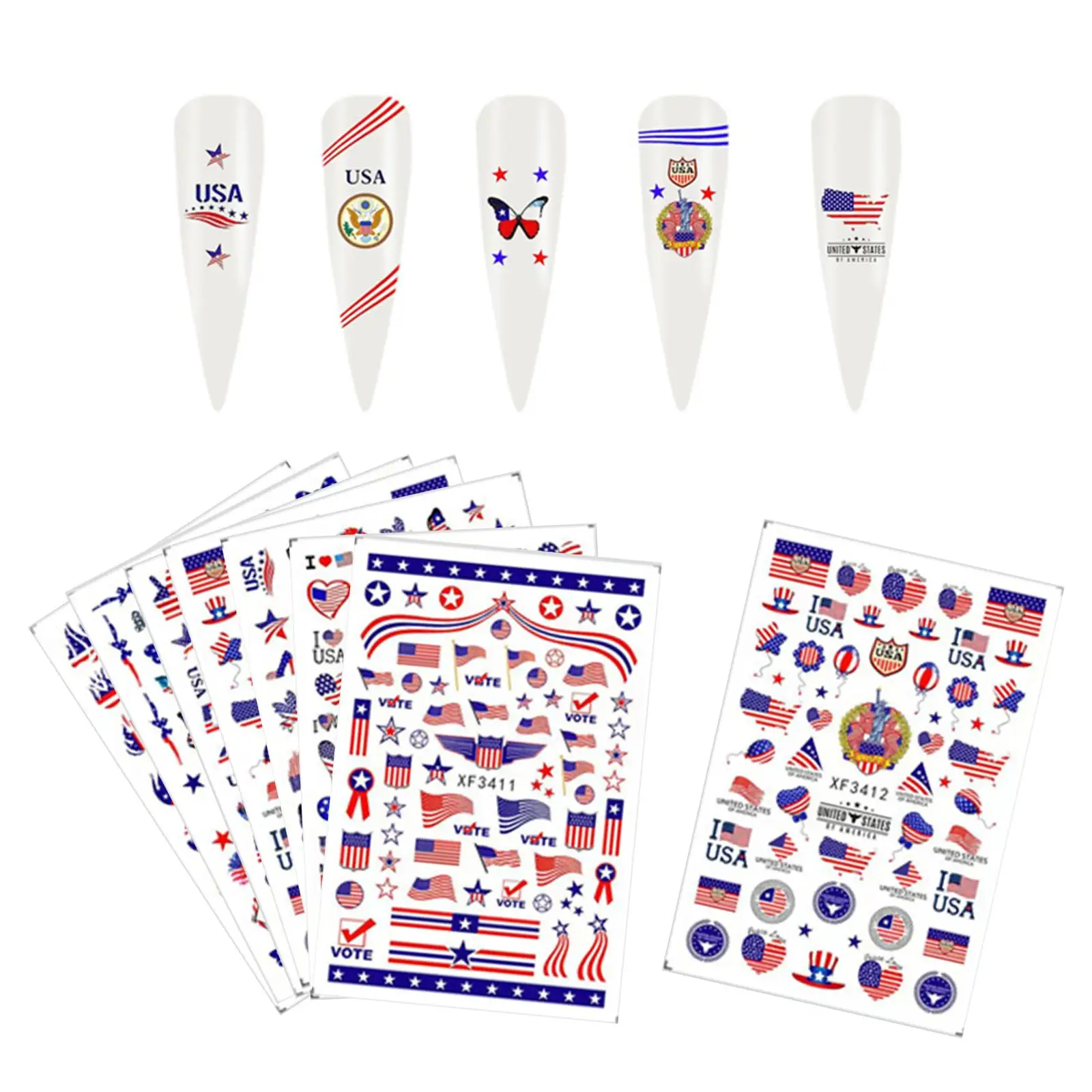 

5 Sheets Girls American Flag Designs Nail Art Stickers Decals Sheet Decors