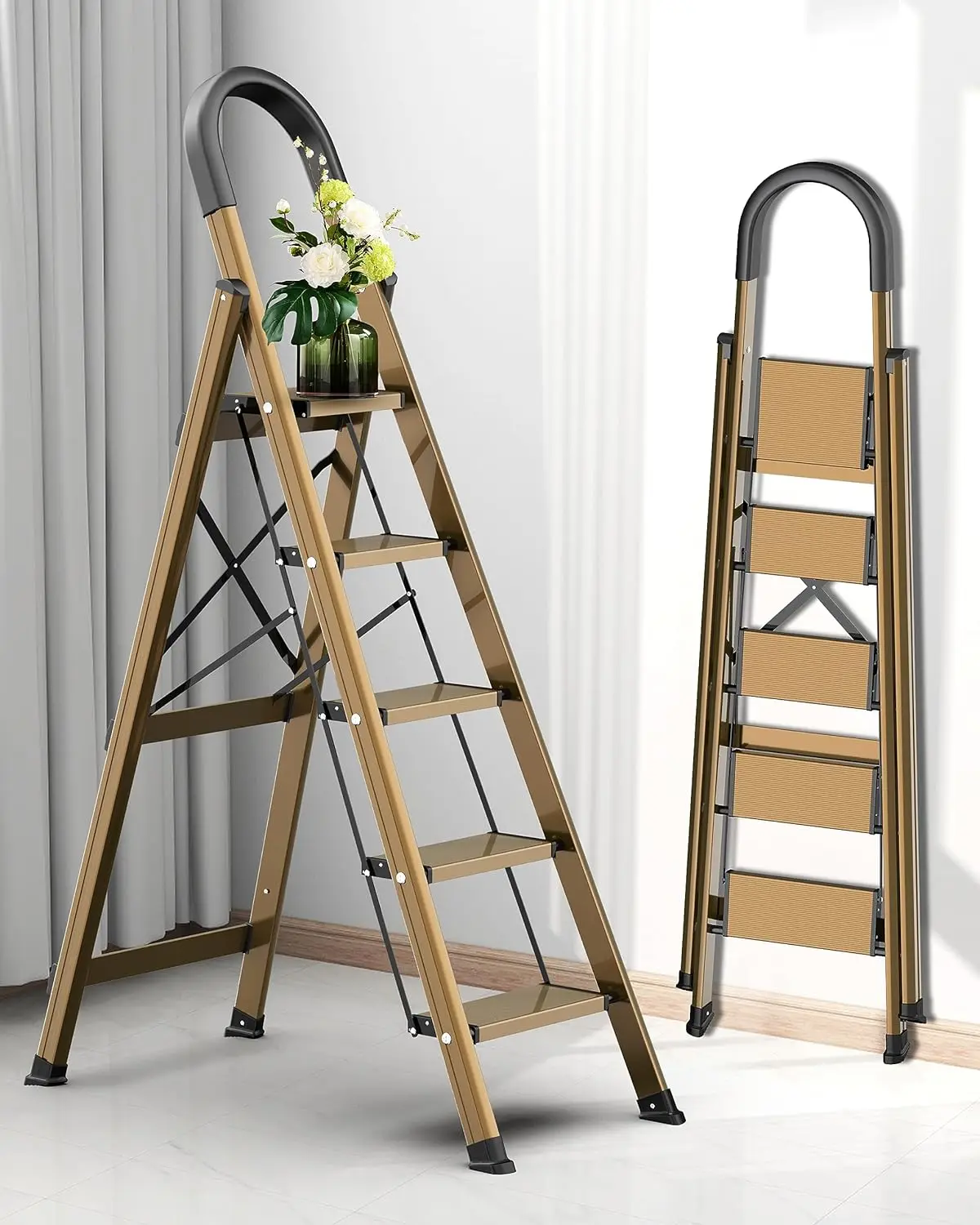 5 Step Ladder, Folding Step Stool with Anti-Slip Wide Sturdy Pedal and Handgrip, Portable Lightweight Aluminum Stepladder