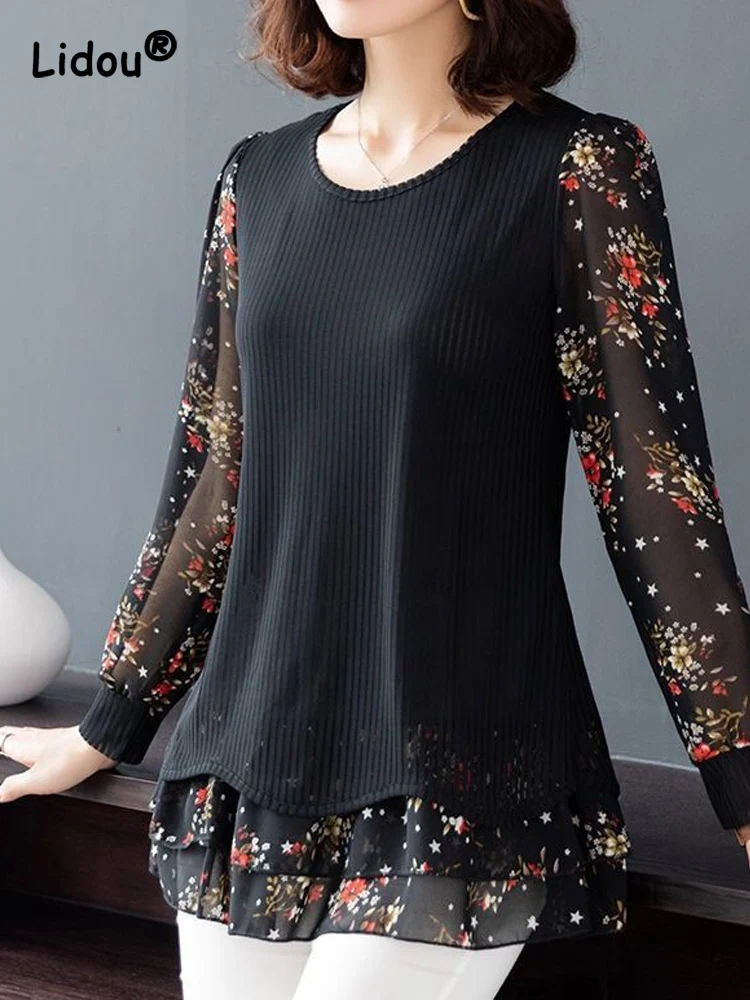 

Elegance Office Printing Patchwork Lady Fake Twopiece Top New Classic Long Sleeve Round Neck Loose Comfortable Pullover T-shirt