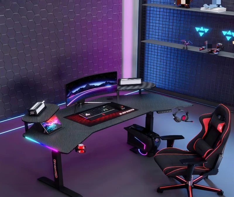Intelligent Electric Sit Stand Gaming Table Oversized Carbon Fiber Curved Desktop RGB LED Light Height Adjustable E-Sports Desk