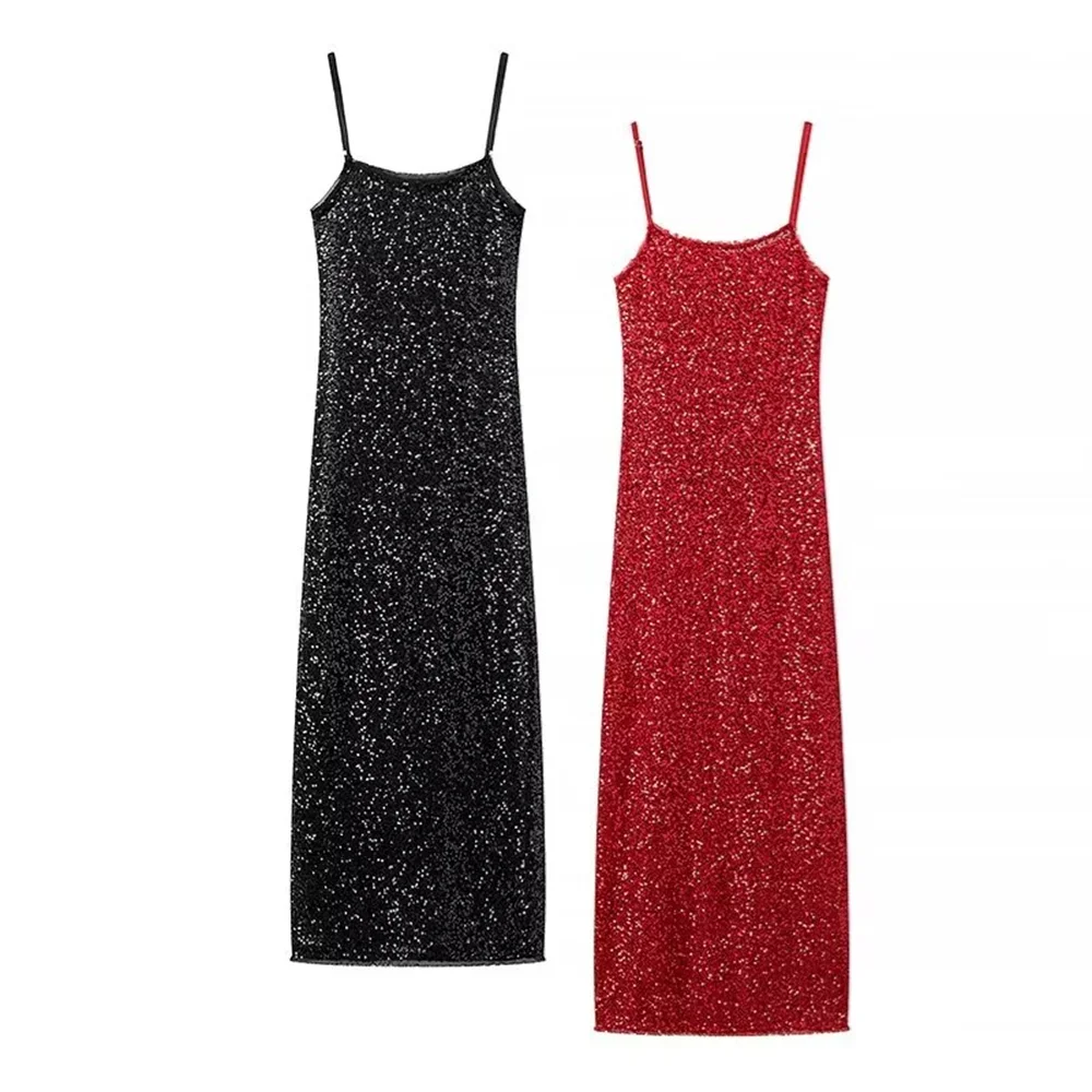 

PB&ZA 2024 Spring New Womens Fashion and Elegance Versatile Slim Fit Sequin Strap Long Dress Ceramic creamers Glass pitcher Milk