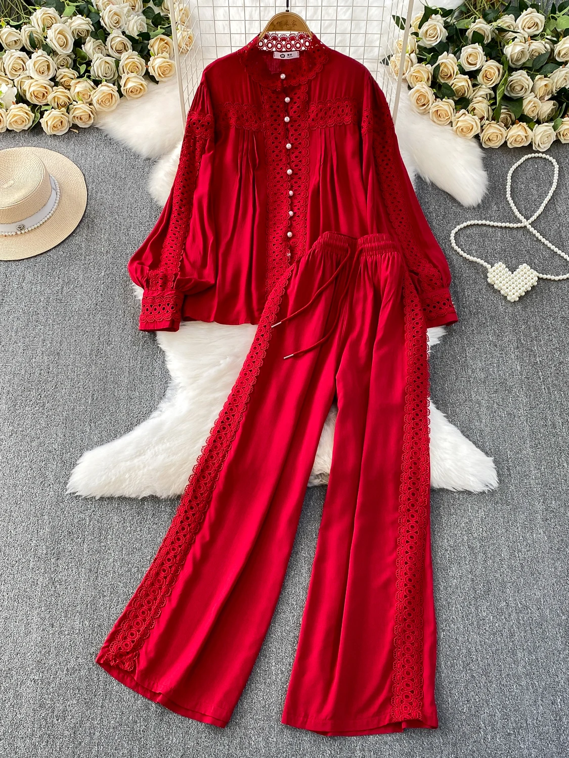 

Retro Lace Patchwork Button Stand Collar Lantern Sve irt High Waist Slimming Wide Leg Pants Two Piece Set Faionable El...