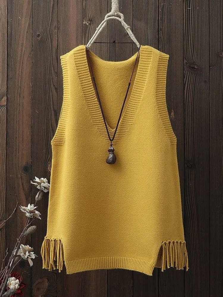 2024 New Autumn V-neck Vest Women\'s Short Women\'s Knitted Tassel Vest Casual Sweater Base Shirt Trendy Knitted Jacket