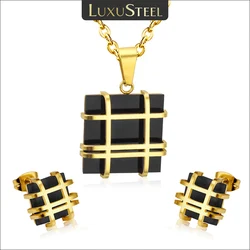 LUXUSTEEL Earring Necklace Set Stainless Steel Geometry Shape Square Big Crystal CZ Stone Pendant Chain For Women Jewelry Bijoux