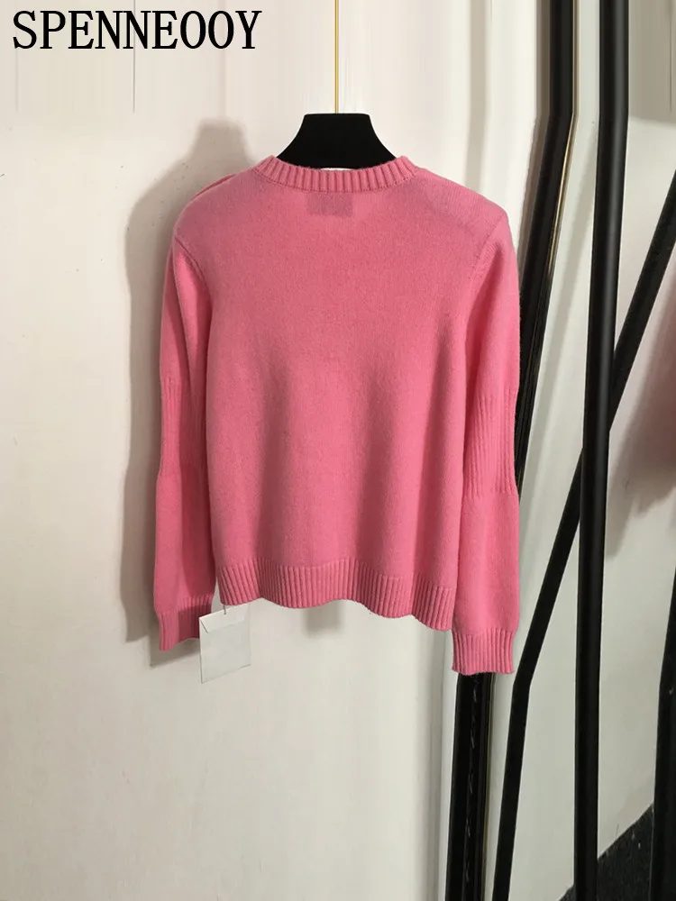 SPENNEOOY Fashion Runway Winter Pink Color Wool Knitting Pullovers Women\'s O-Neck Chic Button Loose Long Sleeve Warm Sweaters