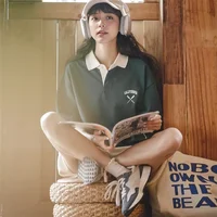 Maden Women's Oversized Polo Shirt Green White Color Block Drop Shoulder Short Sleeve Cotton Summer Casual Top - Image 2
