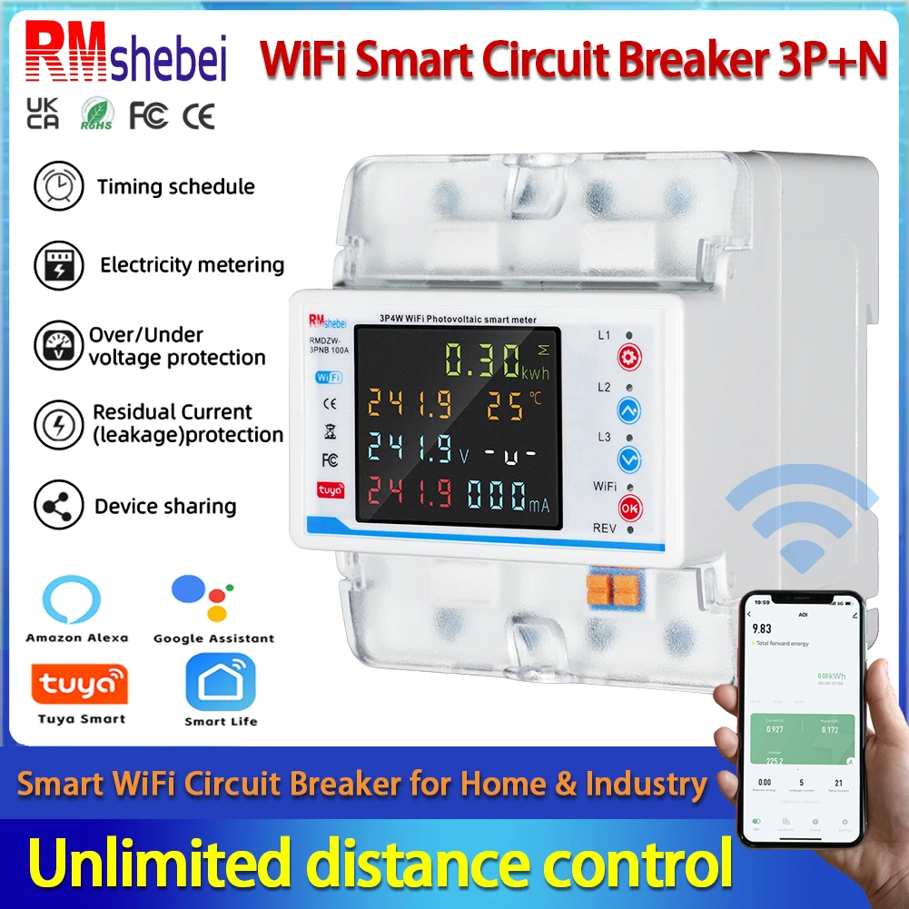 

RMshebei с поддержкой Wi-Fi 3P100A, трехфазный автоматический выключатель, защита от напряжения, мониторинг мощности, защита от утечки, регулируемый комплект