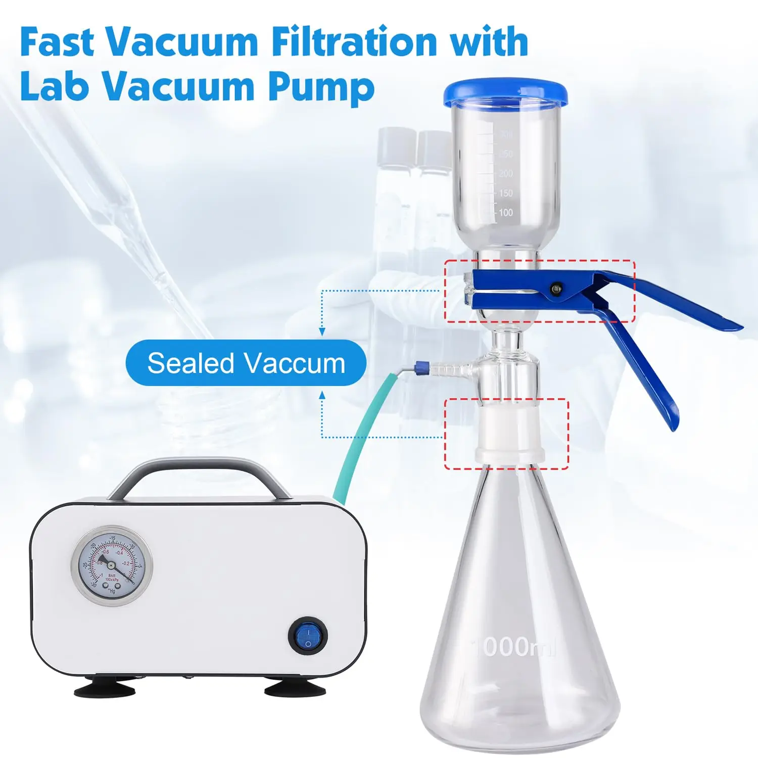 

Laboratory Glass Vacuum Filter, Vacuum Filtration Unit, Borosilicate Glass, Graduated Funnel