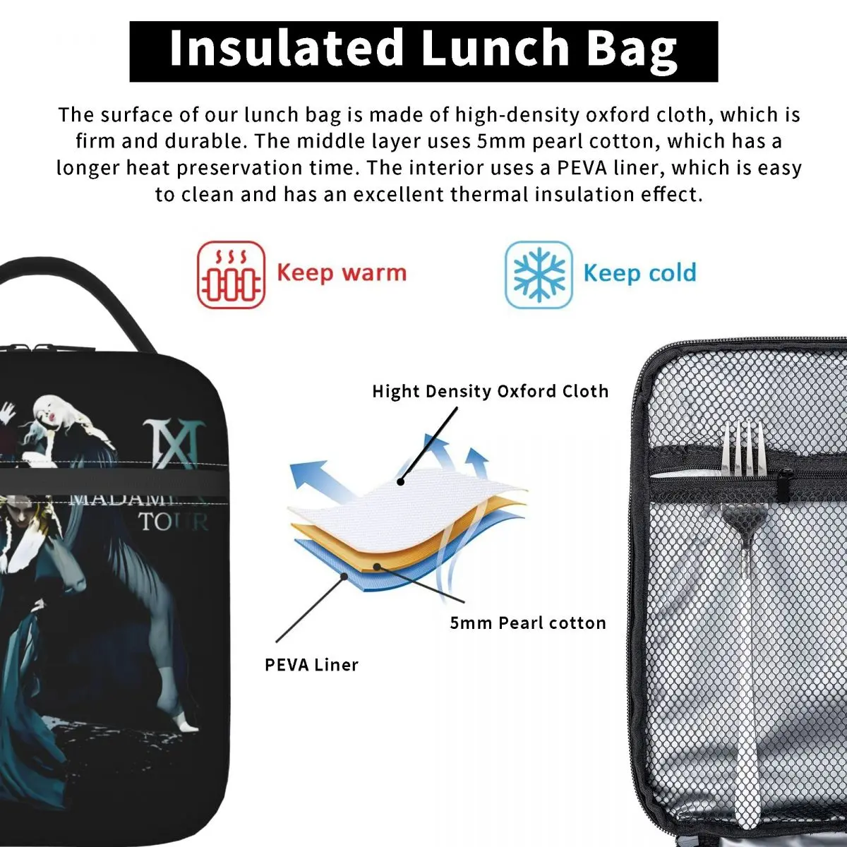 Pop Music Albums Madonna Singer Lunch Bag Isolado, Recipiente de Alimentos, Sacos, Fugas, Refrigerador Térmico, Bento Box for Work