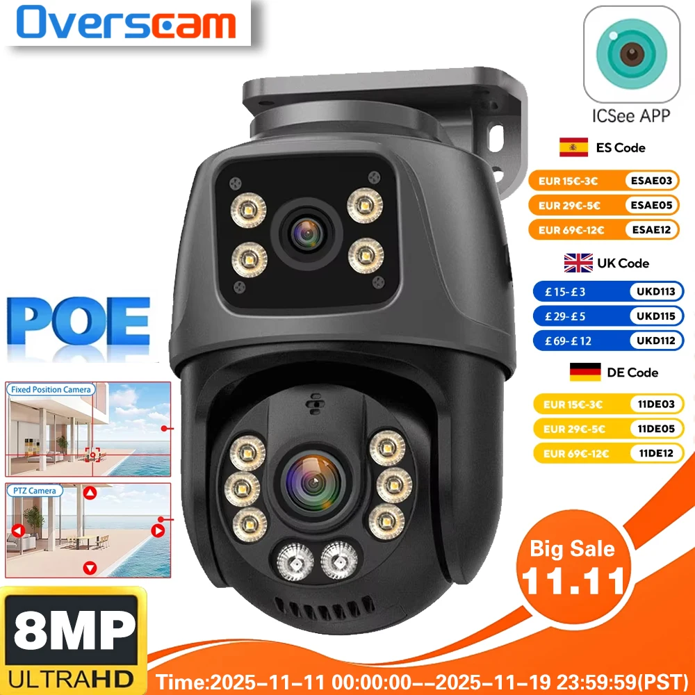 Kamera Pengawas Jaringan POE 4K 8MP Kamera IP PTZ ONVIF Lensa Ganda Audio Dua Arah Deteksi Manusia Keamanan Luar Ruangan ICSEE XMEYE