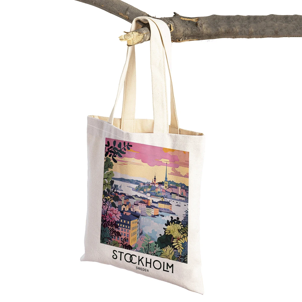 Vintage Landscape Shopper Bag Venice Paris Lisbon Stockholm Women Shopping Bags Double Print Linen Handbags Shoulder Lady Tote