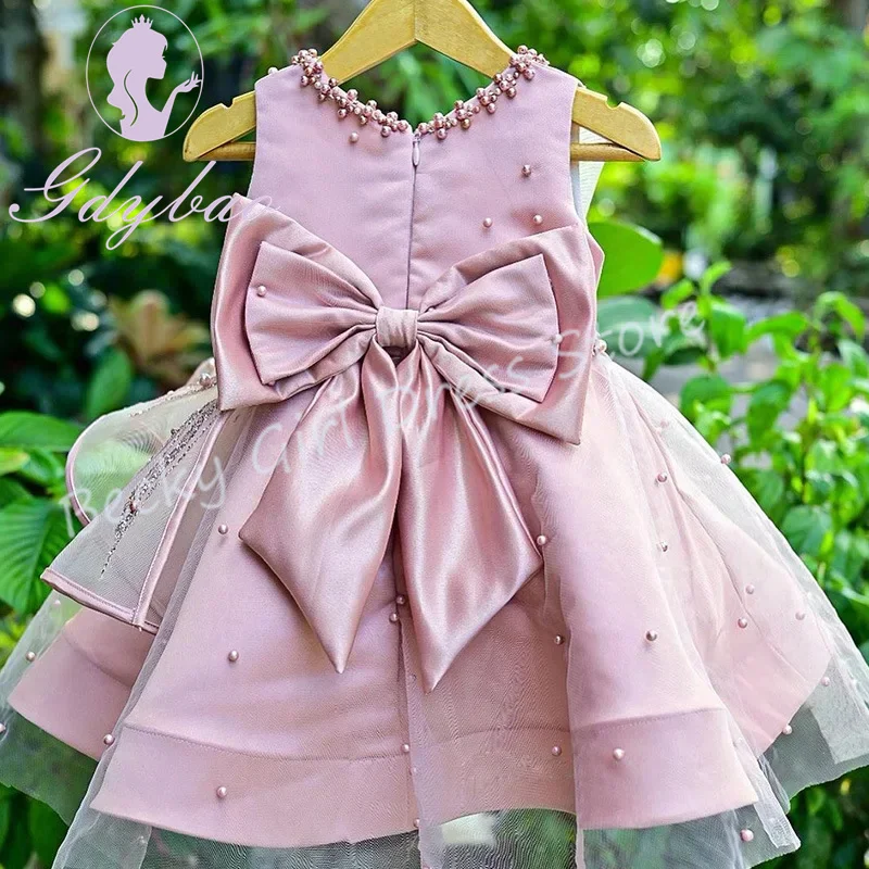 Элегантные платья с цветочным узором для девочек по индивидуальному заказу на свадьбу, блестящий тюль с жемчугом, плиссированный дизайн, платье для фотосессии для маленьких девочек