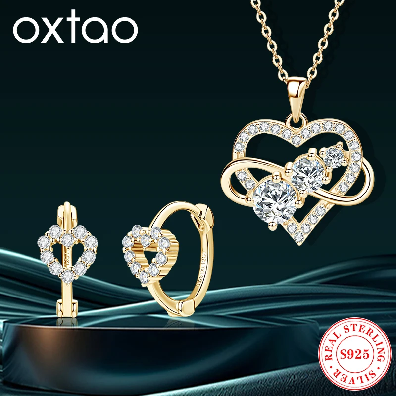 

OXTAO D VVS1 Moissanite Necklace Earrings Jewelry Set for Women Real 925 Silver Infinity Pendant Heart Earrings Jewelry Gifts
