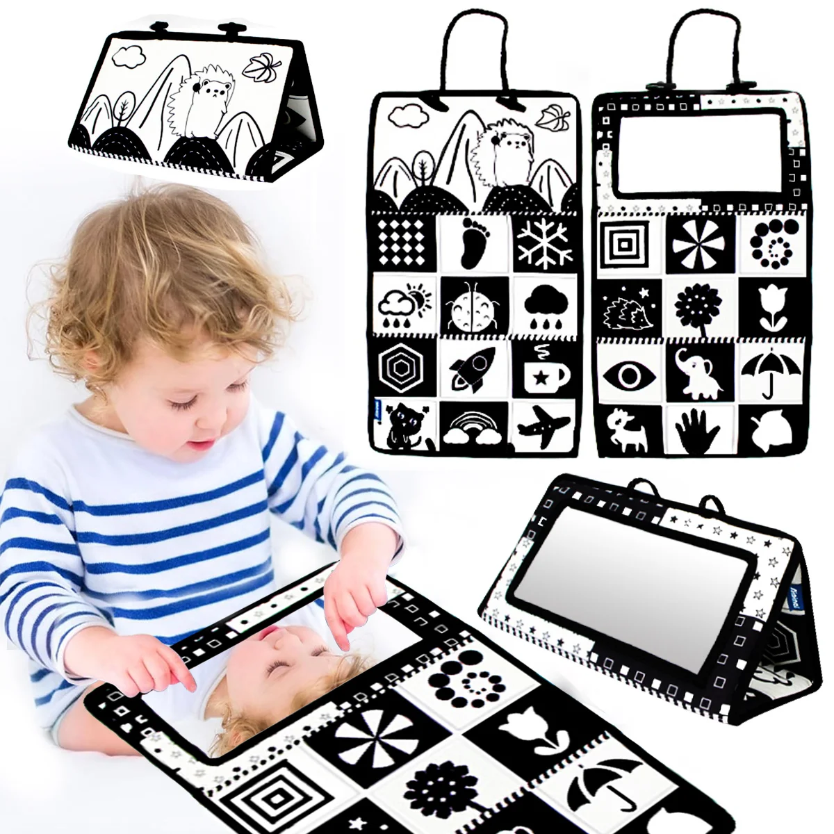 Libro in stoffa a specchio bianco e nero per bambini, giocattolo pieghevole per libri in stoffa con specchio sospeso, specchio per il tempo della pancia, specchio per il tempo prolungato