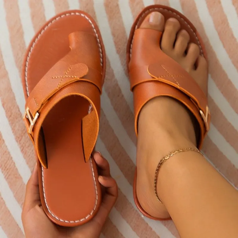 2024 Summer Women Flat Slipper Casual Roman Style Beach Double Buckle Slippers Shoes Solid Leisure Outside Wear Cross Sandales