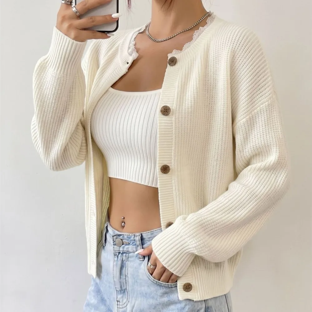 Women's Clothing Lace Loose Long-sleeved Commuting Knitted Jacket Solid Color All-match Simple Style Sweater Comfortable Trendy