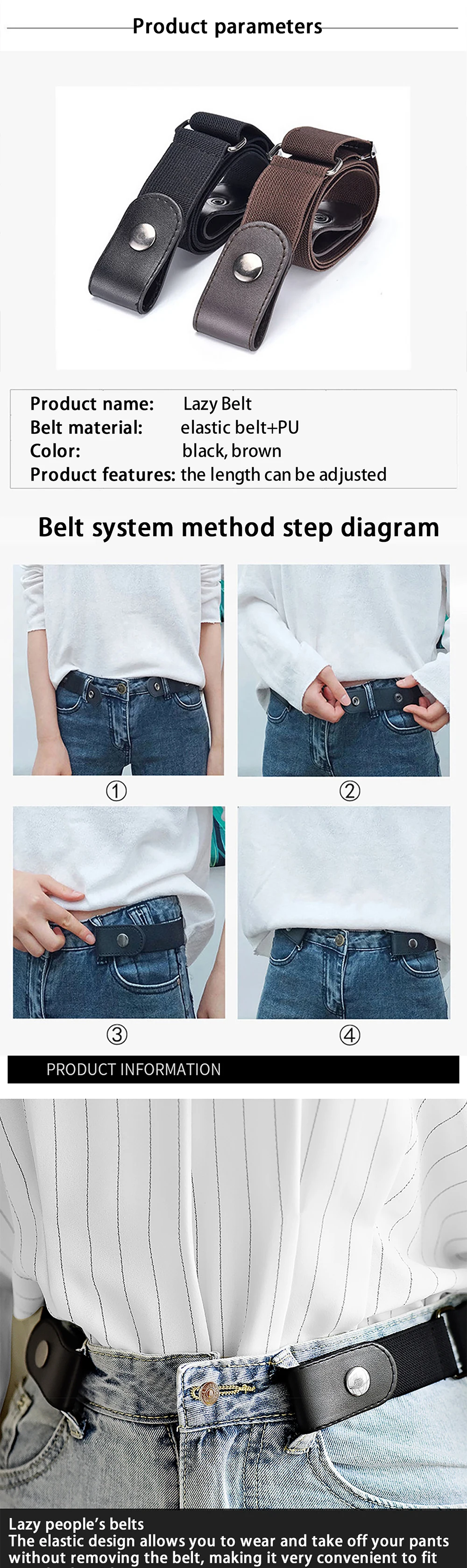 2-teiliges Set, keine Schnalle, elastischer Gürtel für Damen und Herren, Unisex, Stretchgürtel für Hosen, Jeans, lässige Schnalle, frei verstellbar, unsichtbare Gürtel – Detail 1