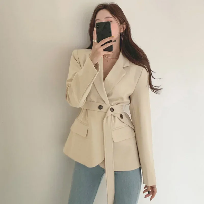 Two Buckles Long Sleeve British Style Solid Colors Blazers Loose Casual Suits with Sashes Women New Fashion Office Work Blazer