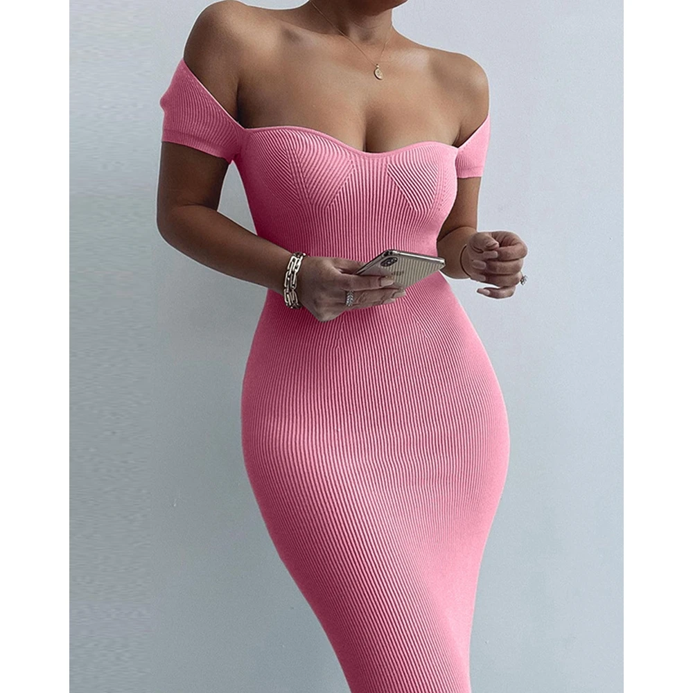 

Elegant Women Sweetheart Neck Off Shoulder Knitted Ribbed Bodycon Casual Dress Women Short Sleeve Midi Sexy Dress Korean Style