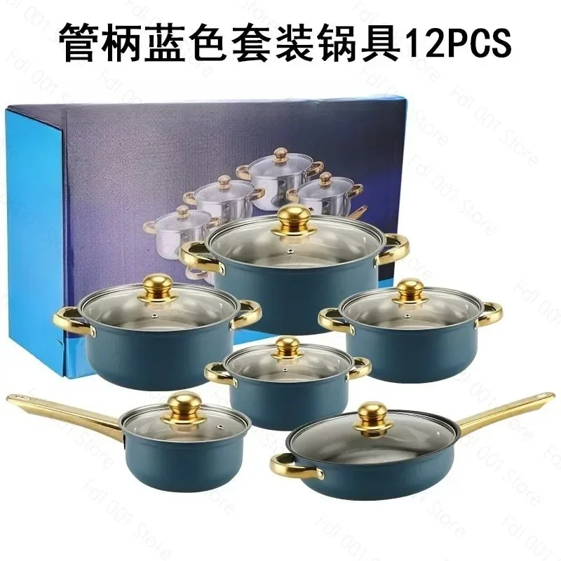 12-Piece Stainless Steel Pot Set with Non-Stick Soup Pot Frying Pan And Milk Pot Featuring Gold-Plated Handles