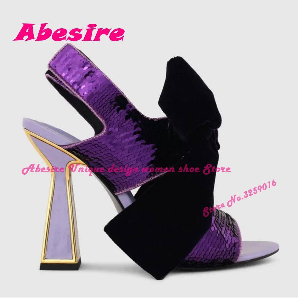 Purple Velvet Bow Shiny Sequins Sandals Loop-and-hook Slingback Flared Heel Sandals Summer 2023 New Banquet Elegant Women\'s Shoe