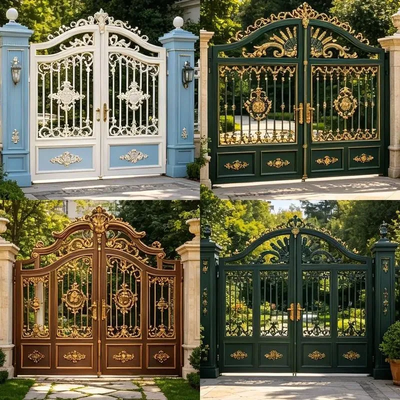 Luxury Baroque Gold Plated Wrought Iron Gate Floral Engraved Metal Entrance for High End Resorts Private Estates Mansion