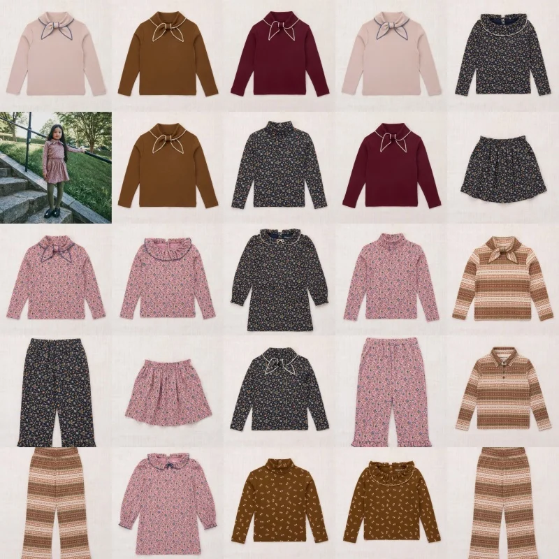 2026 AW MP Kids All-Over Print Cotton Long Sleeve Top & Pants Set Floral Stripe Bird Pattern 2-Piece Casual Outfit Girl T-shirt
