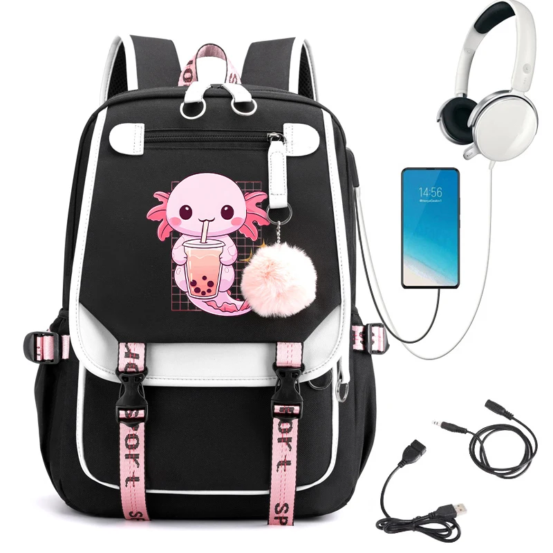 Girls Backpack Cartoon Kawaii Axolotl Mermaid Cute School Bags for Student Teens Pockets Women Laptop Backpack Harajuku Bag