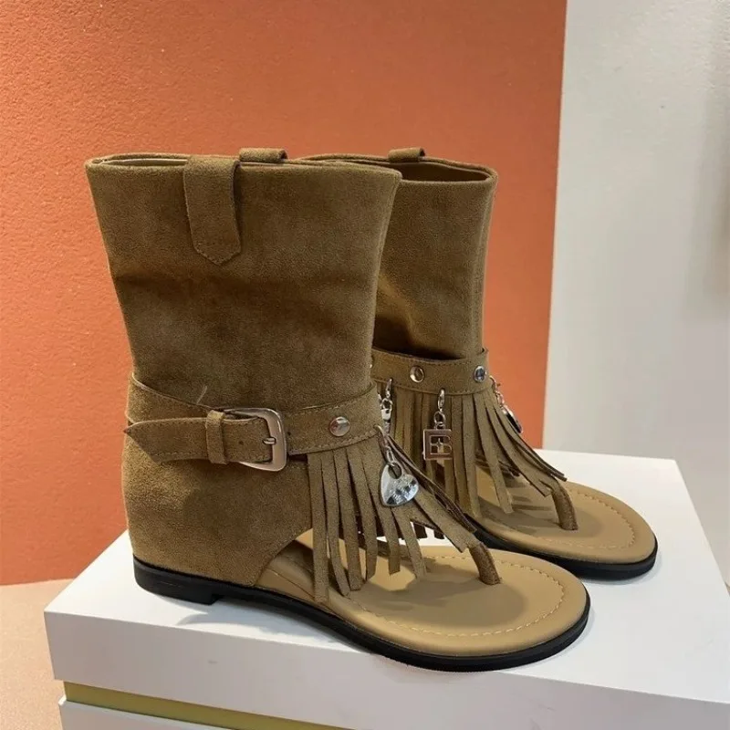 

Tassel Cool Boots Women 2026 Spring Summer New Round Toe Clip Toe Soft Sole Wedge Roman Sandals
