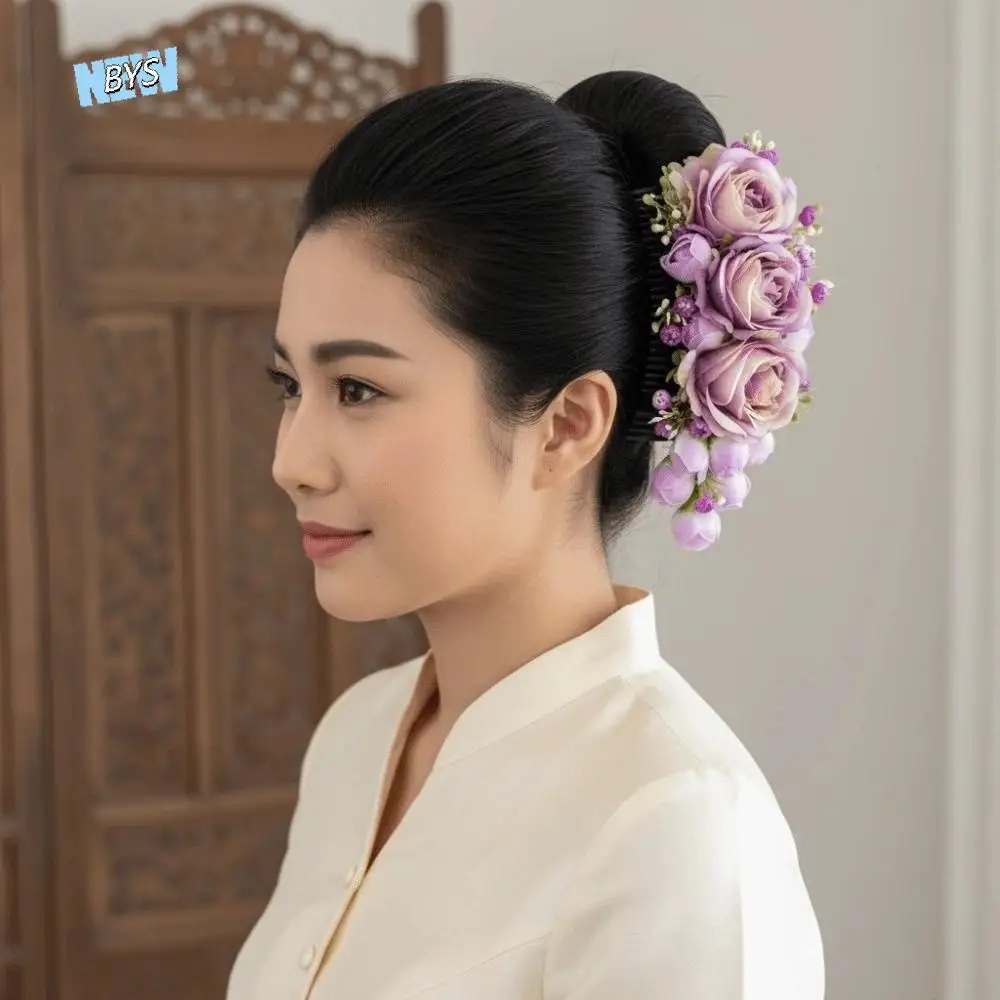 

Sweet Flowers Hairpin Thai Style Floral Headwear Rose Hair Comb Rose Plastic Chignon Hair Clips Water Splashing Festival