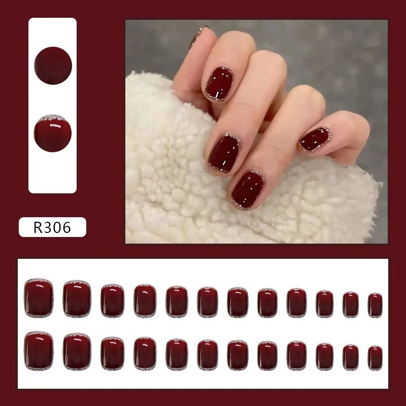 24 stks Winter Druk op Nagels voor Vrouwen Bordeaux Esthetische Kunstnagels Glitter Kant-en-klare Kunstmatige Nep Nagel Prothetische Nagel Set